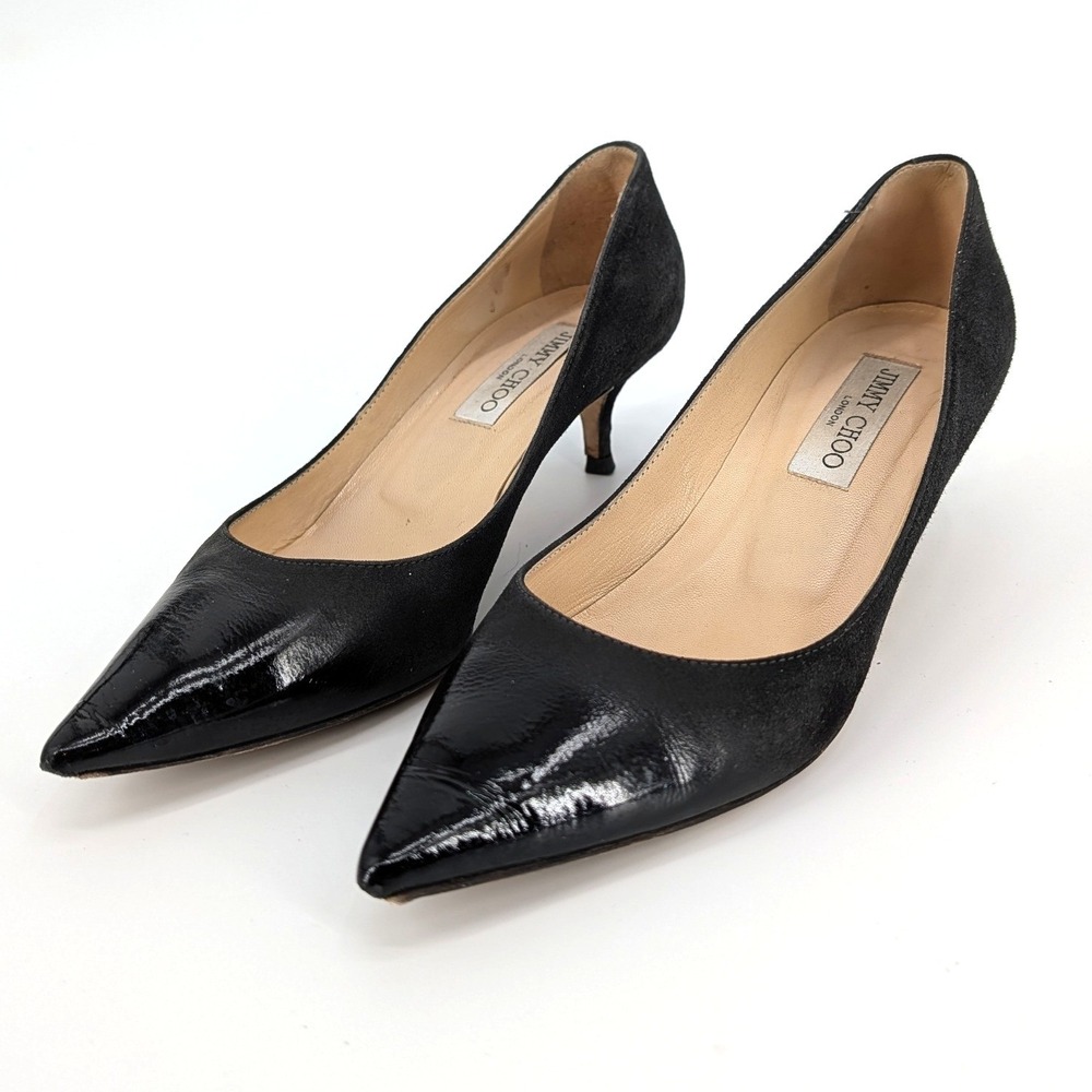 Jimmy Choo Black Suede Patent Leather Kitten Heel Pointed Toe Pumps Size 37.5 - Picture 2 of 7